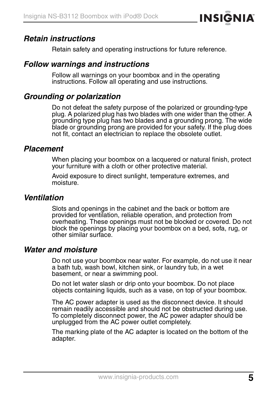Retain instructions, Follow warnings and instructions, Grounding or polarization | Placement, Ventilation, Water and moisture | Insignia NS-B3112 User Manual | Page 5 / 72