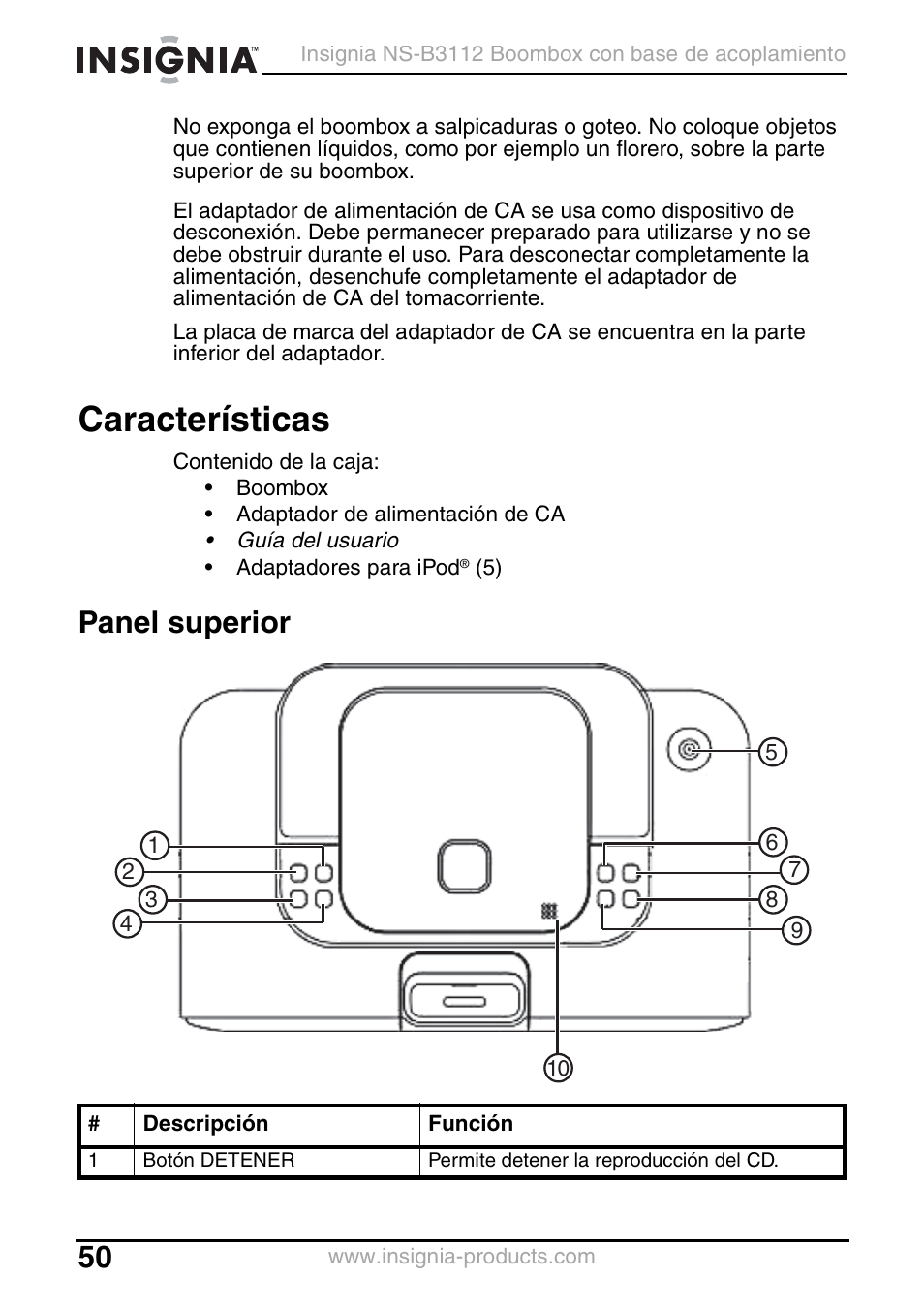 Características, Panel superior | Insignia NS-B3112 User Manual | Page 50 / 72