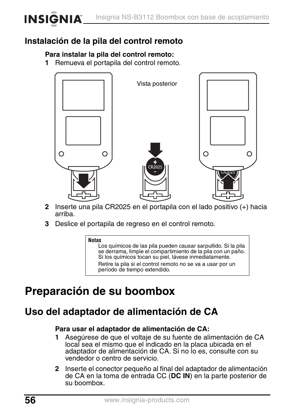 Instalación de la pila del control remoto, Preparación de su boombox, Uso del adaptador de alimentación de ca | Insignia NS-B3112 User Manual | Page 56 / 72