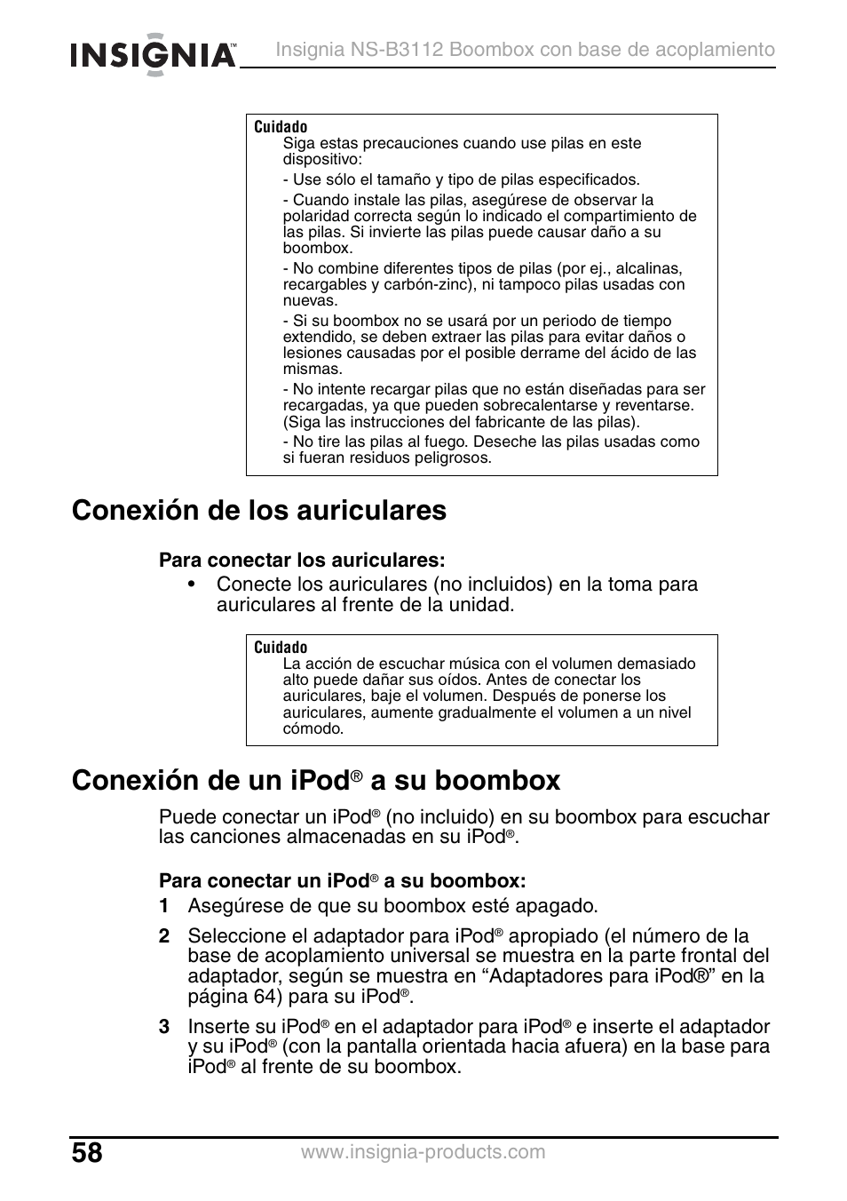 Conexión de los auriculares, Conexión de un ipod® a su boombox, Conexión de un ipod | A su boombox | Insignia NS-B3112 User Manual | Page 58 / 72