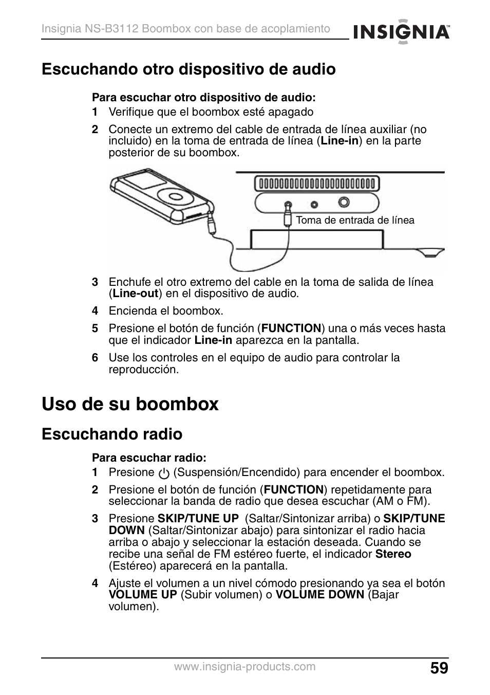 Escuchando otro dispositivo de audio, Uso de su boombox, Escuchando radio | Insignia NS-B3112 User Manual | Page 59 / 72