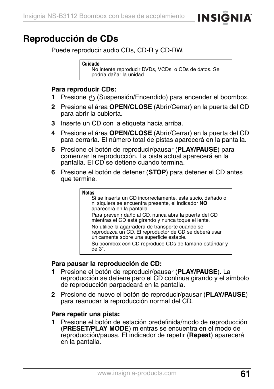 Reproducción de cds | Insignia NS-B3112 User Manual | Page 61 / 72