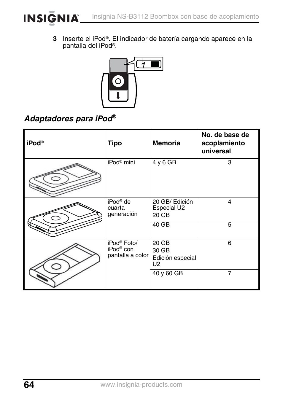 Adaptadores para ipod | Insignia NS-B3112 User Manual | Page 64 / 72