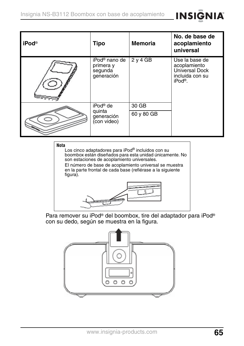 Del boombox, tire del adaptador para ipod, Con su dedo, según se muestra en la figura, Ipod | Insignia NS-B3112 User Manual | Page 65 / 72