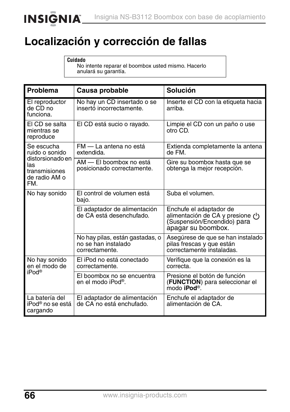 Localización y corrección de fallas | Insignia NS-B3112 User Manual | Page 66 / 72