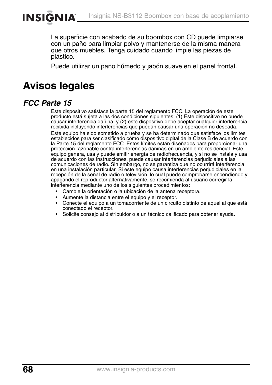 Avisos legales, Fcc parte 15 | Insignia NS-B3112 User Manual | Page 68 / 72