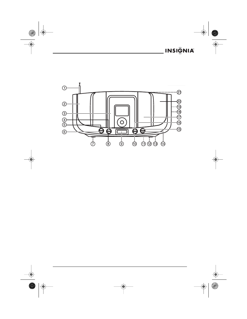 Features, Boombox, 1 fm antenna | 2 left speaker, 4 tune up/skip button, 5 preset button, 6 memory button, 7 battery compartment (rear of boombox), 8 tune down/skip button, 9 lcd display | Insignia NS-B2113 User Manual | Page 5 / 62