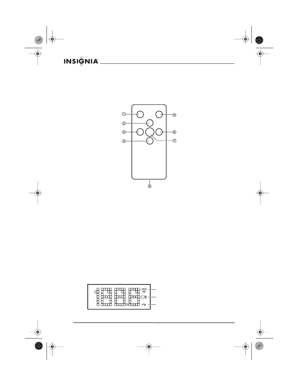 20 right speaker, 21 carrying handle, Remote control | 1 mode button, 2 volume up button, 3 tune down/skip button, 4 volume down button, 5 preset button, 6 tune up/skip button, 7 power/play/pause button | Insignia NS-B2113 User Manual | Page 6 / 62
