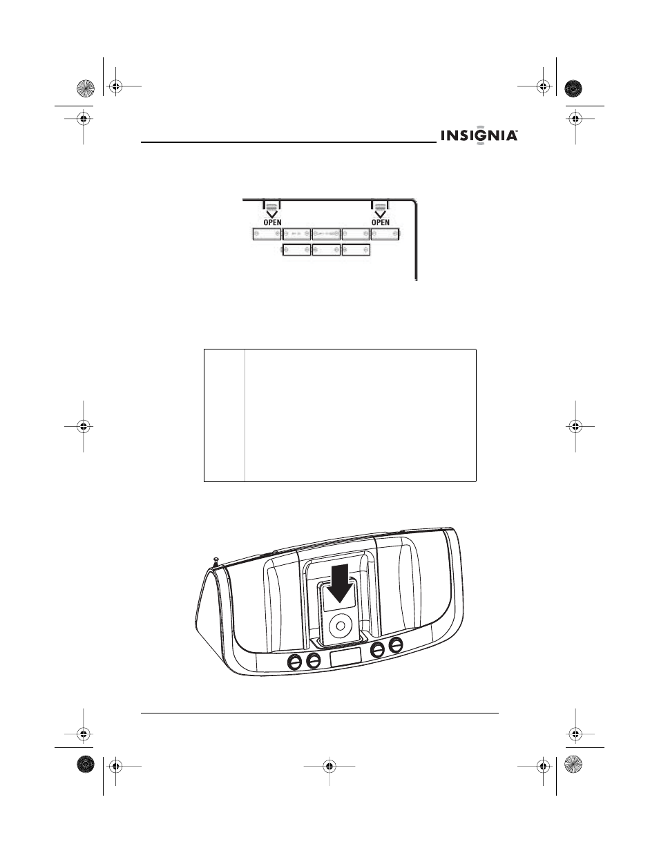 Installing the batteries, 1 remove the battery door on the rear of the unit, Inserting an ipod | Insignia NS-B2113 User Manual | Page 9 / 62