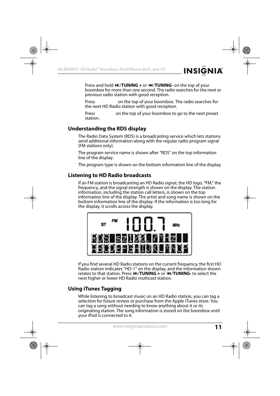 Understanding the rds display, Listening to hd radio broadcasts, Using itunes tagging | Insignia HD RADIO NS-BHDIP01 User Manual | Page 11 / 21