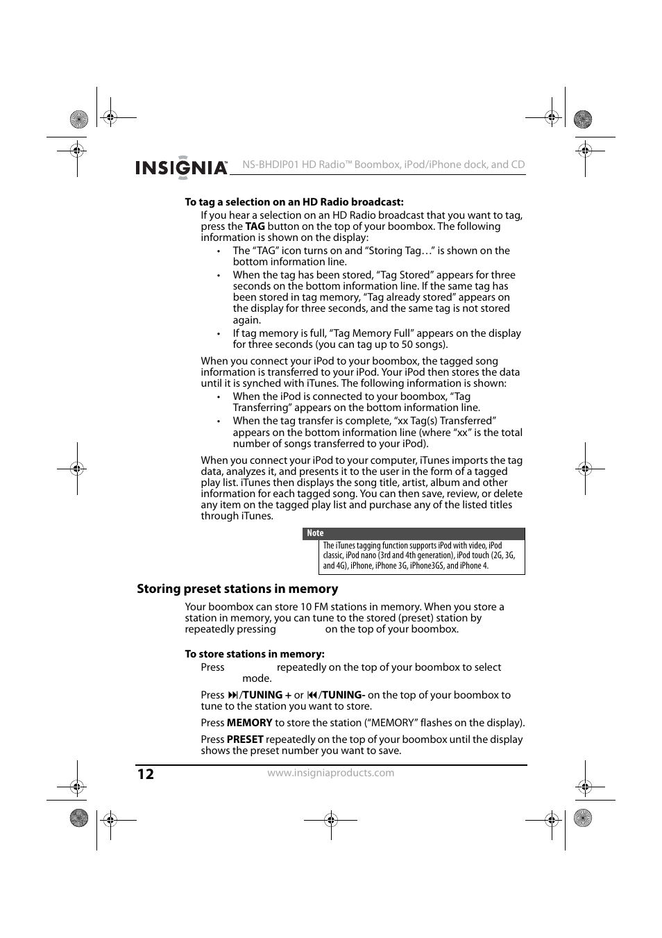 To tag a selection on an hd radio broadcast, Storing preset stations in memory, To store stations in memory | Insignia HD RADIO NS-BHDIP01 User Manual | Page 12 / 21