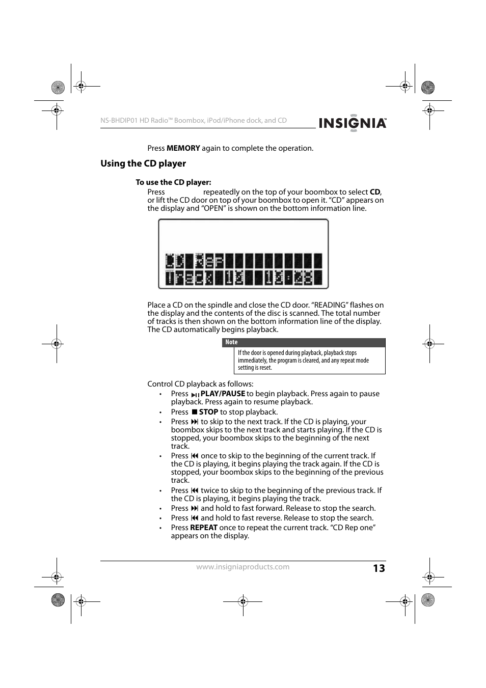 Using the cd player, To use the cd player | Insignia HD RADIO NS-BHDIP01 User Manual | Page 13 / 21