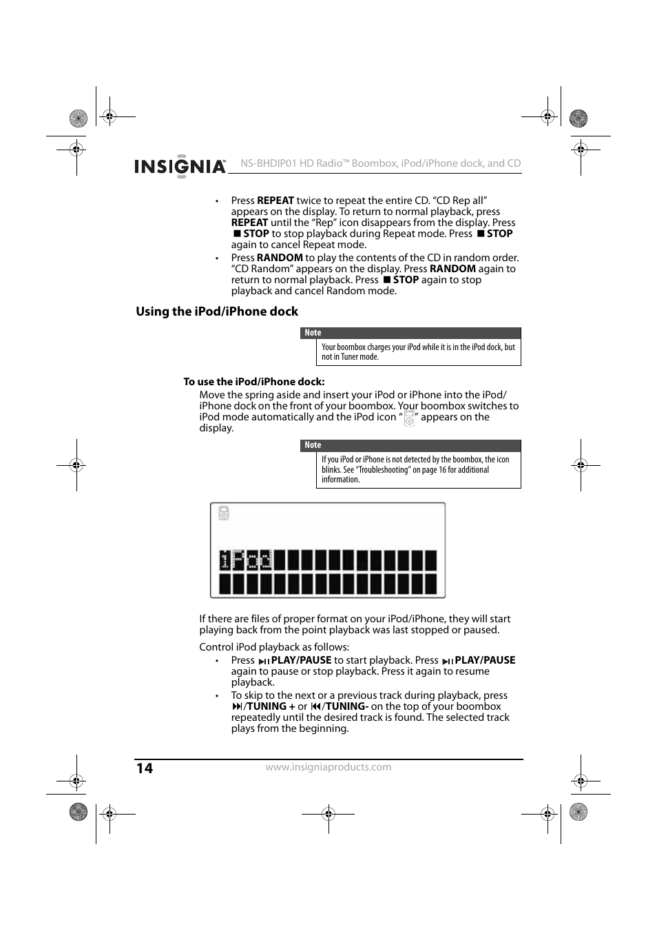 Using the ipod/iphone dock, To use the ipod/iphone dock | Insignia HD RADIO NS-BHDIP01 User Manual | Page 14 / 21
