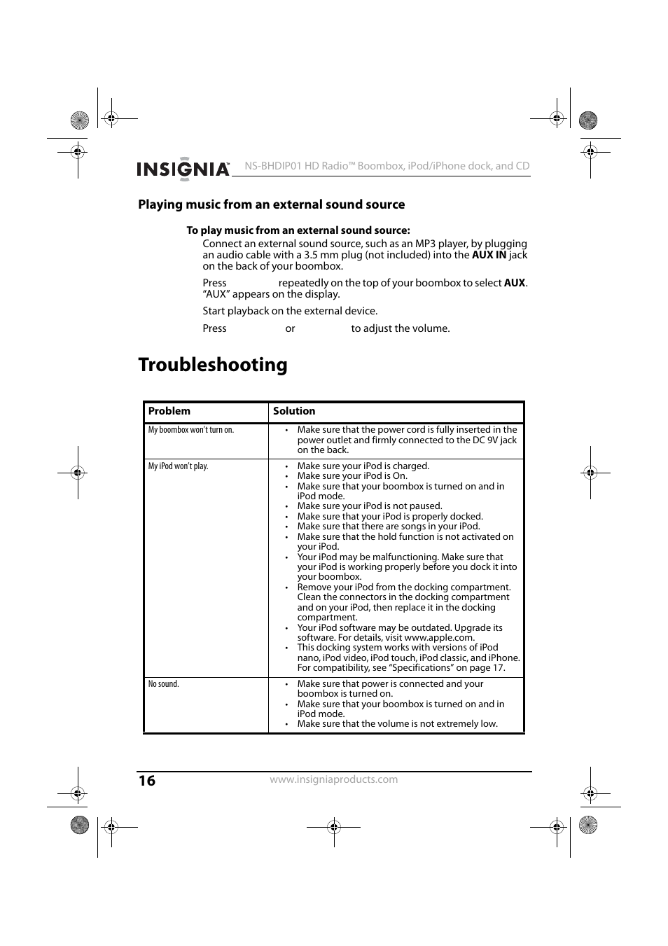 Playing music from an external sound source, To play music from an external sound source, Troubleshooting | Insignia HD RADIO NS-BHDIP01 User Manual | Page 16 / 21