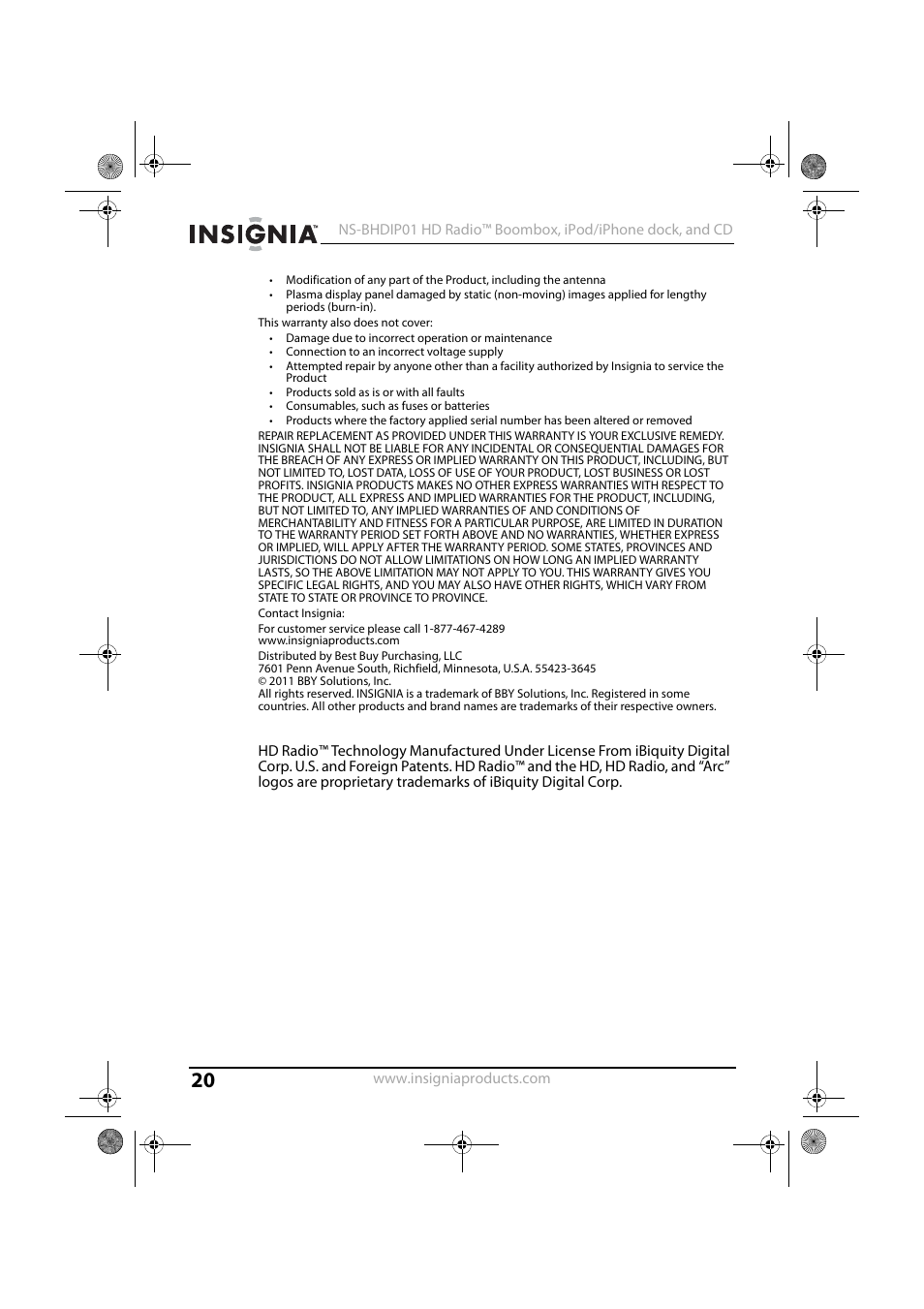 Insignia HD RADIO NS-BHDIP01 User Manual | Page 20 / 21