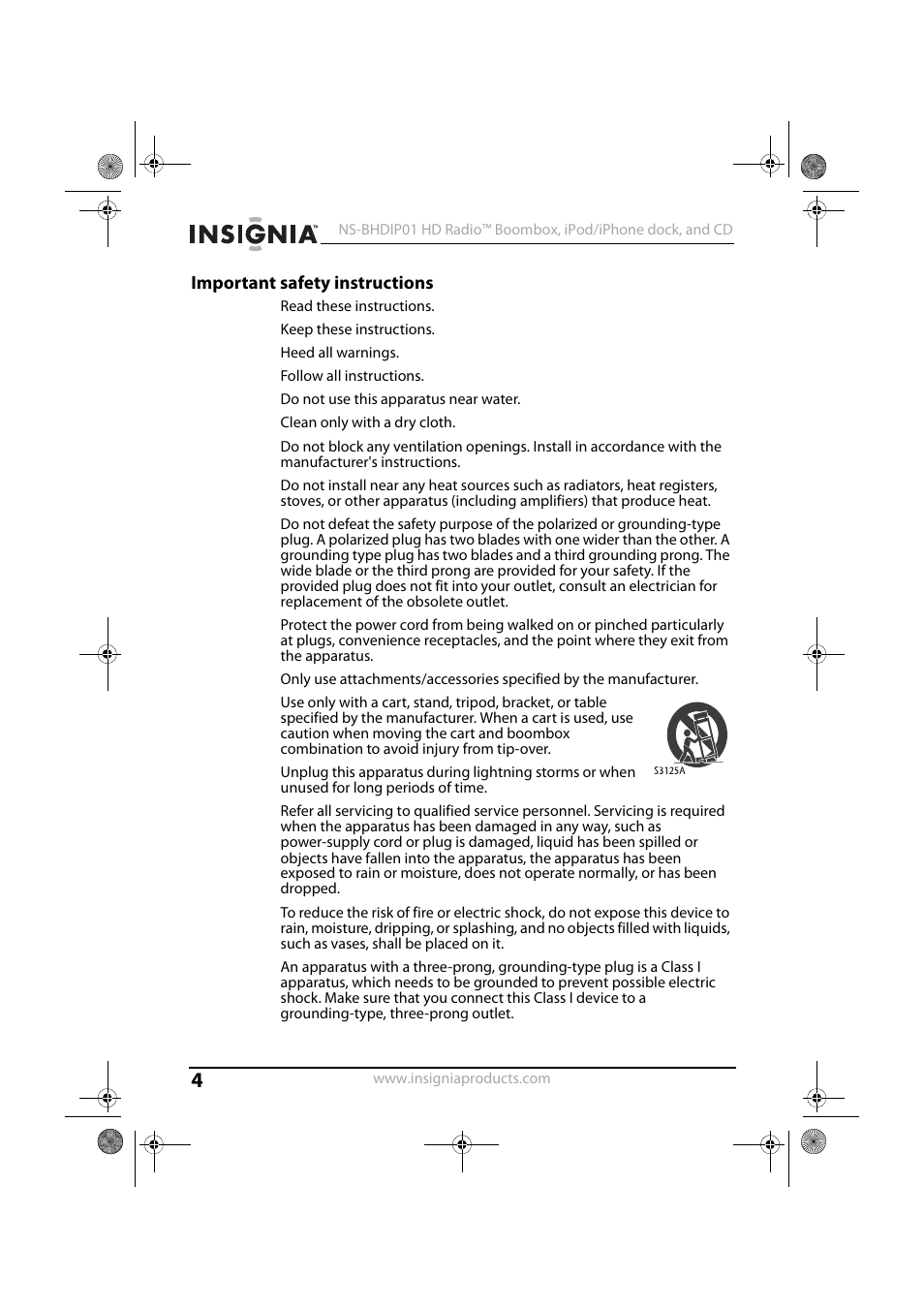 Important safety instructions | Insignia HD RADIO NS-BHDIP01 User Manual | Page 4 / 21