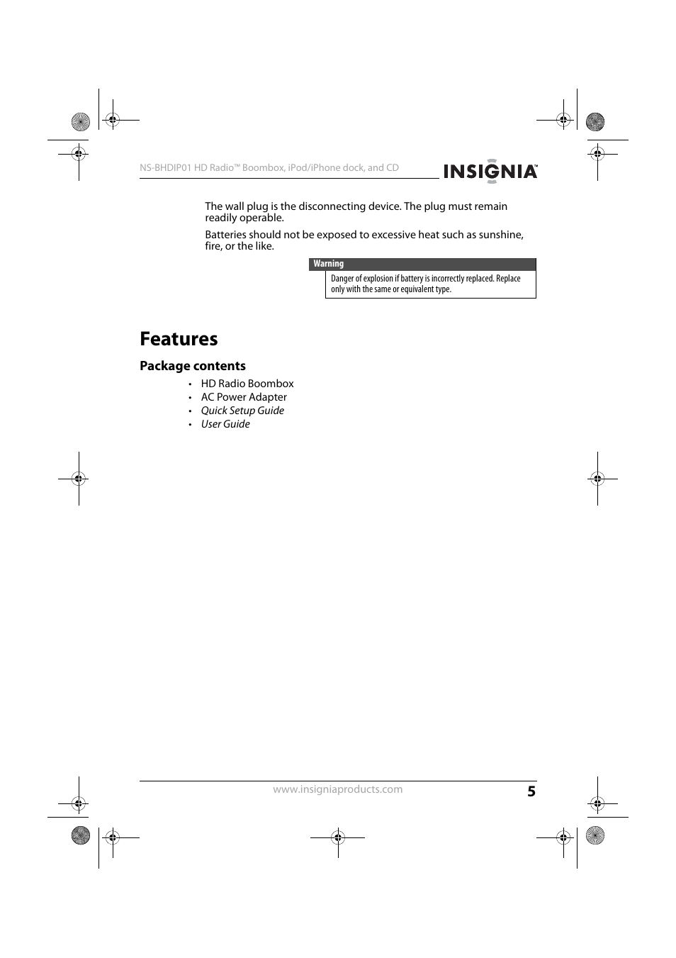 Features, Package contents | Insignia HD RADIO NS-BHDIP01 User Manual | Page 5 / 21