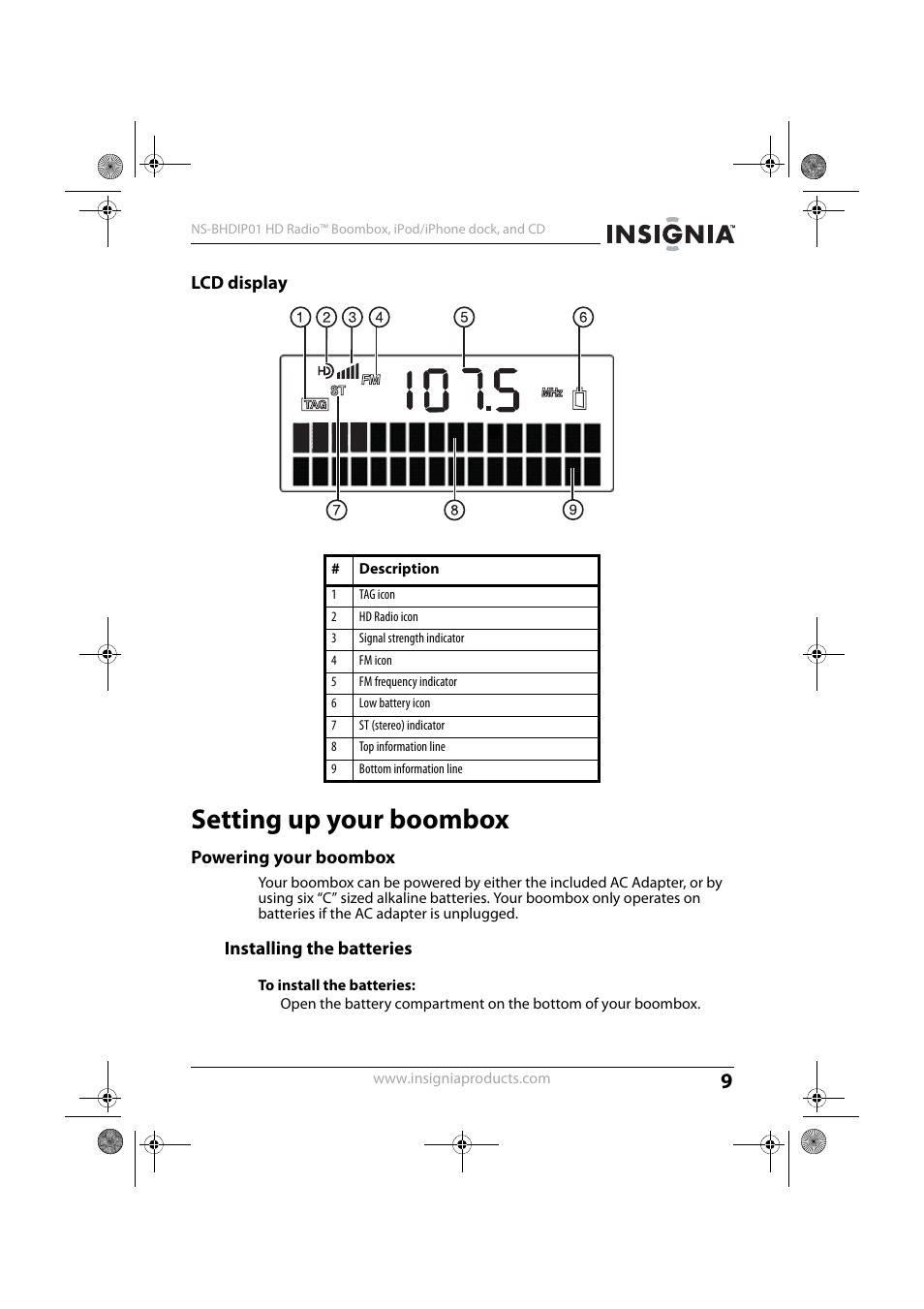 Lcd display, Setting up your boombox, Powering your boombox | Installing the batteries, To install the batteries | Insignia HD RADIO NS-BHDIP01 User Manual | Page 9 / 21