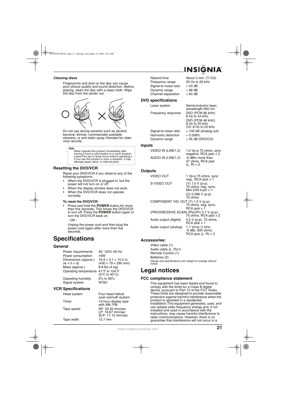 Specifications, Legal notices | Insignia 55423-3645 User Manual | Page 21 / 78