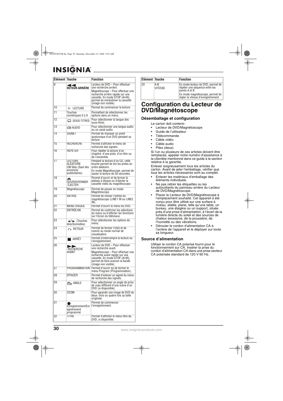 Configuration du lecteur de dvd/magnétoscope | Insignia 55423-3645 User Manual | Page 30 / 78