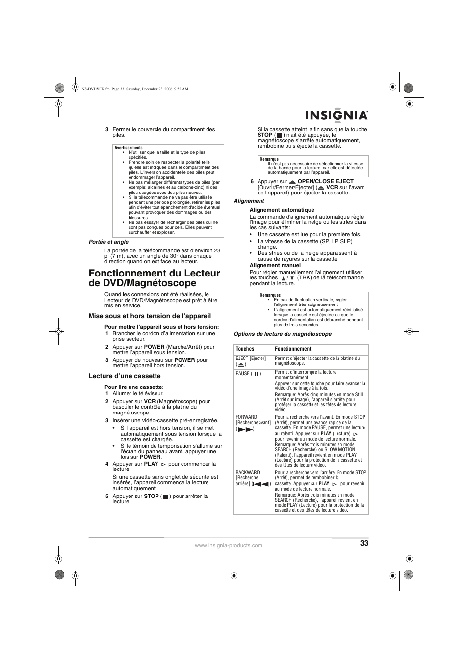 Fonctionnement du lecteur de dvd/magnétoscope | Insignia 55423-3645 User Manual | Page 33 / 78