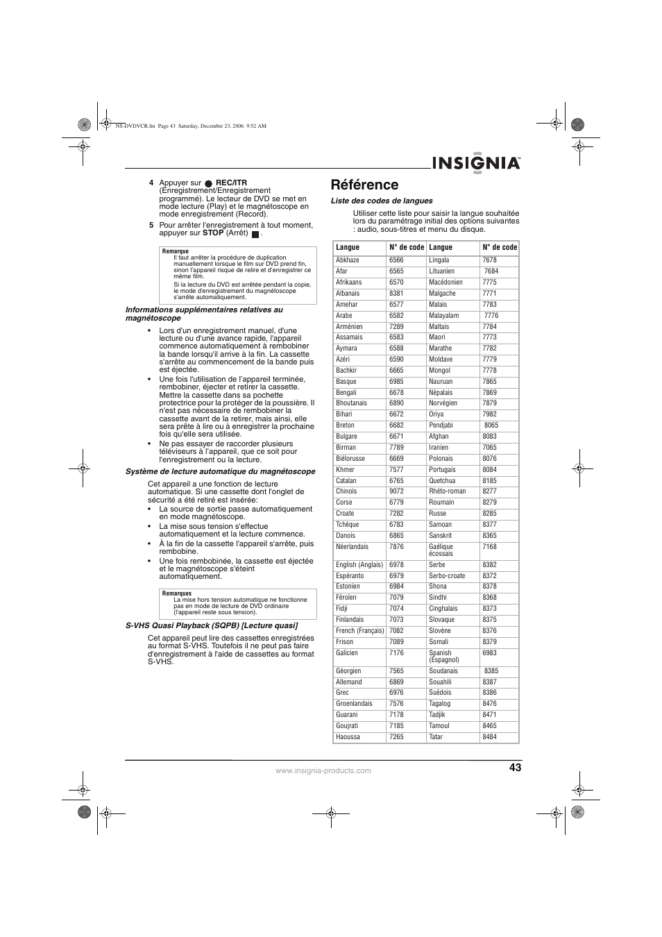 Référence | Insignia 55423-3645 User Manual | Page 43 / 78