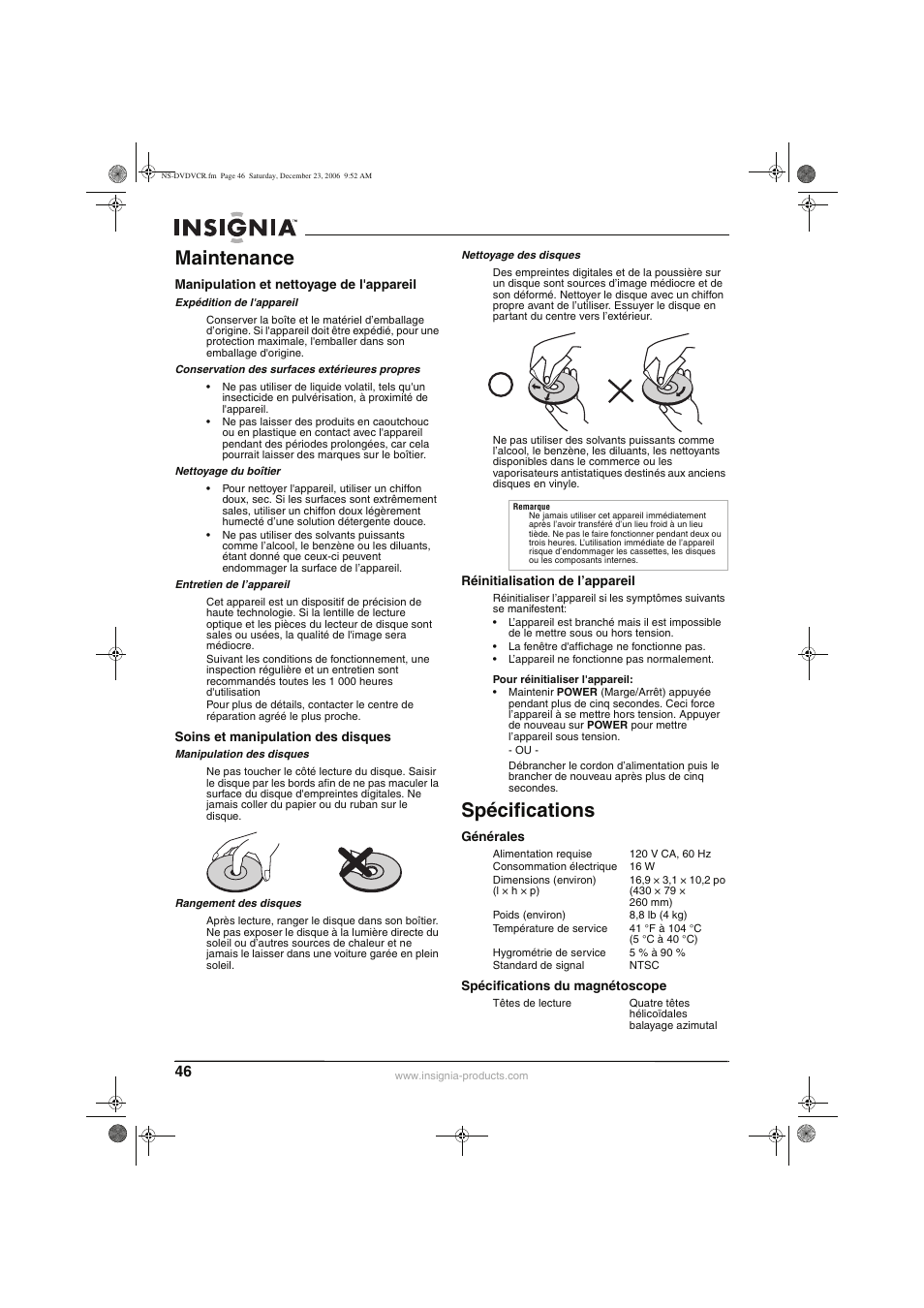 Maintenance, Spécifications | Insignia 55423-3645 User Manual | Page 46 / 78