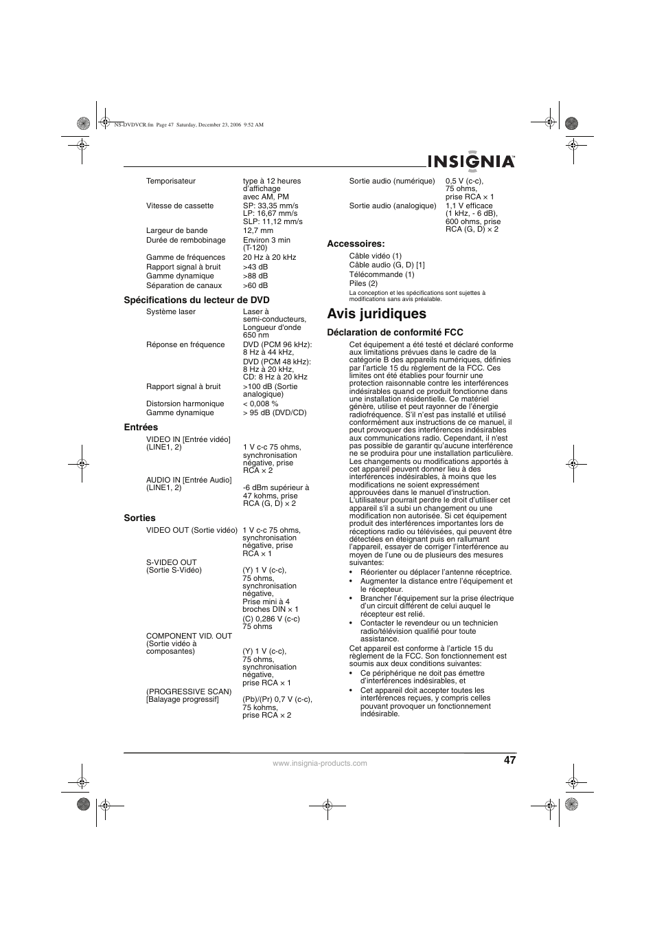 Avis juridiques | Insignia 55423-3645 User Manual | Page 47 / 78