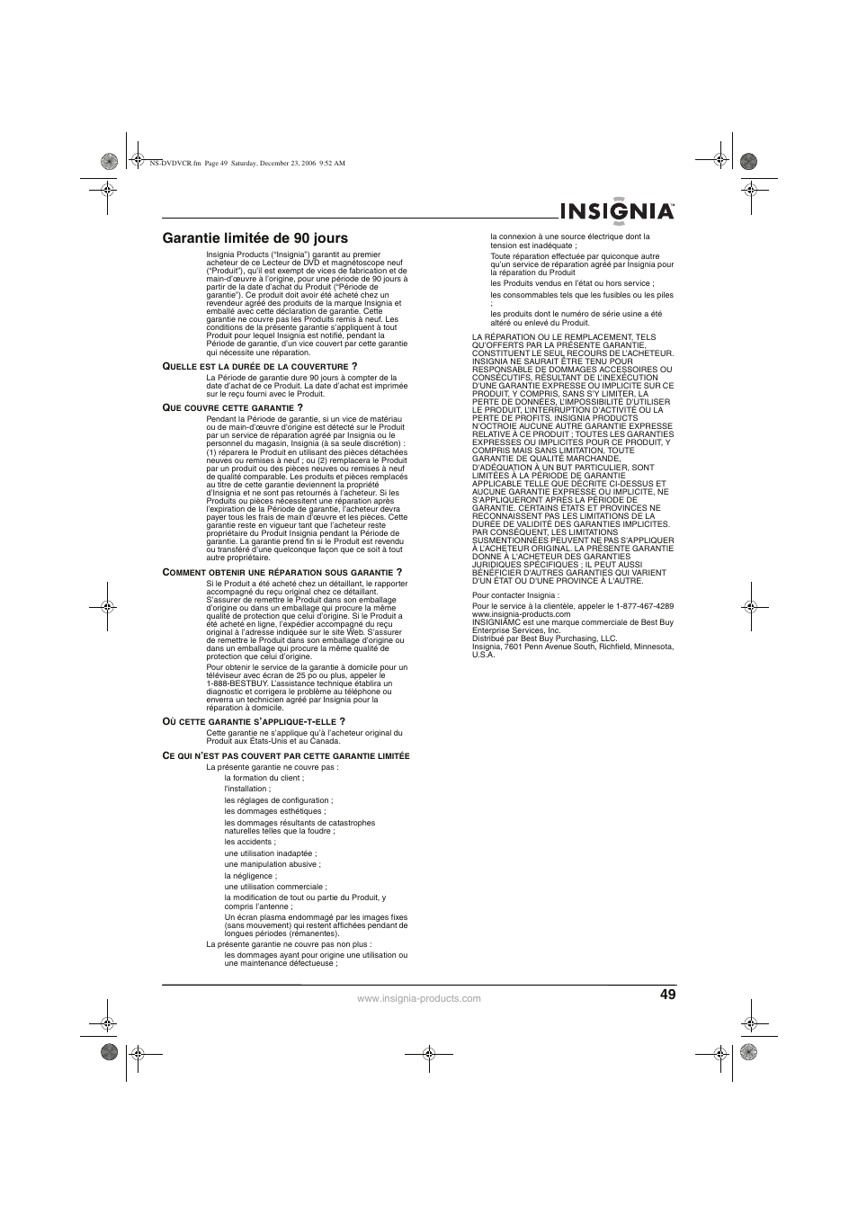 Garantie limitée de 90 jours | Insignia 55423-3645 User Manual | Page 49 / 78