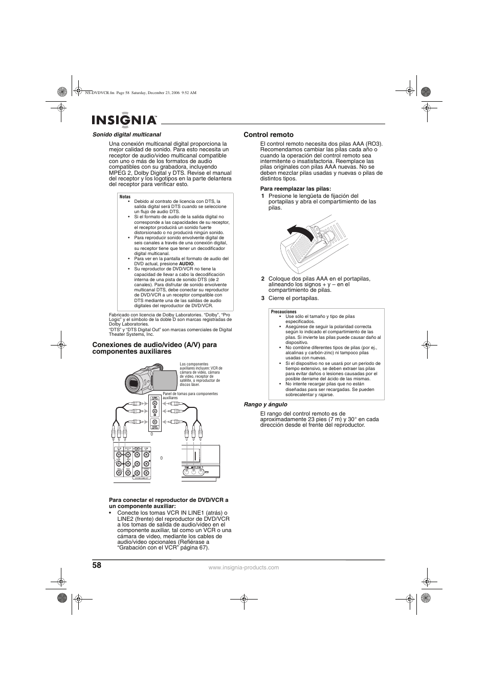 Control remoto | Insignia 55423-3645 User Manual | Page 58 / 78