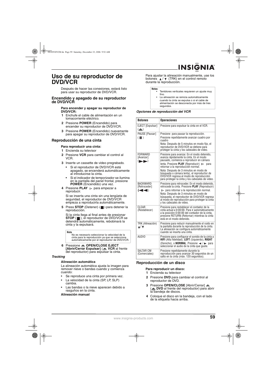 Uso de su reproductor de dvd/vcr | Insignia 55423-3645 User Manual | Page 59 / 78