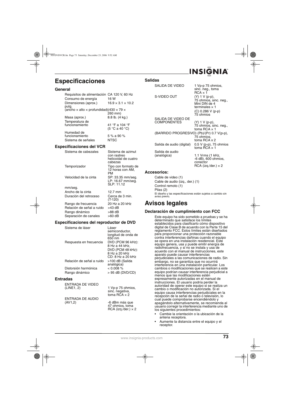 Especificaciones, Avisos legales | Insignia 55423-3645 User Manual | Page 73 / 78