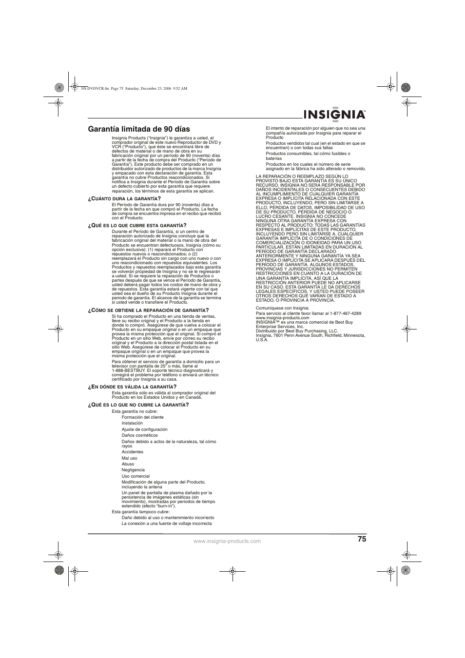 Garantía limitada de 90 días | Insignia 55423-3645 User Manual | Page 75 / 78