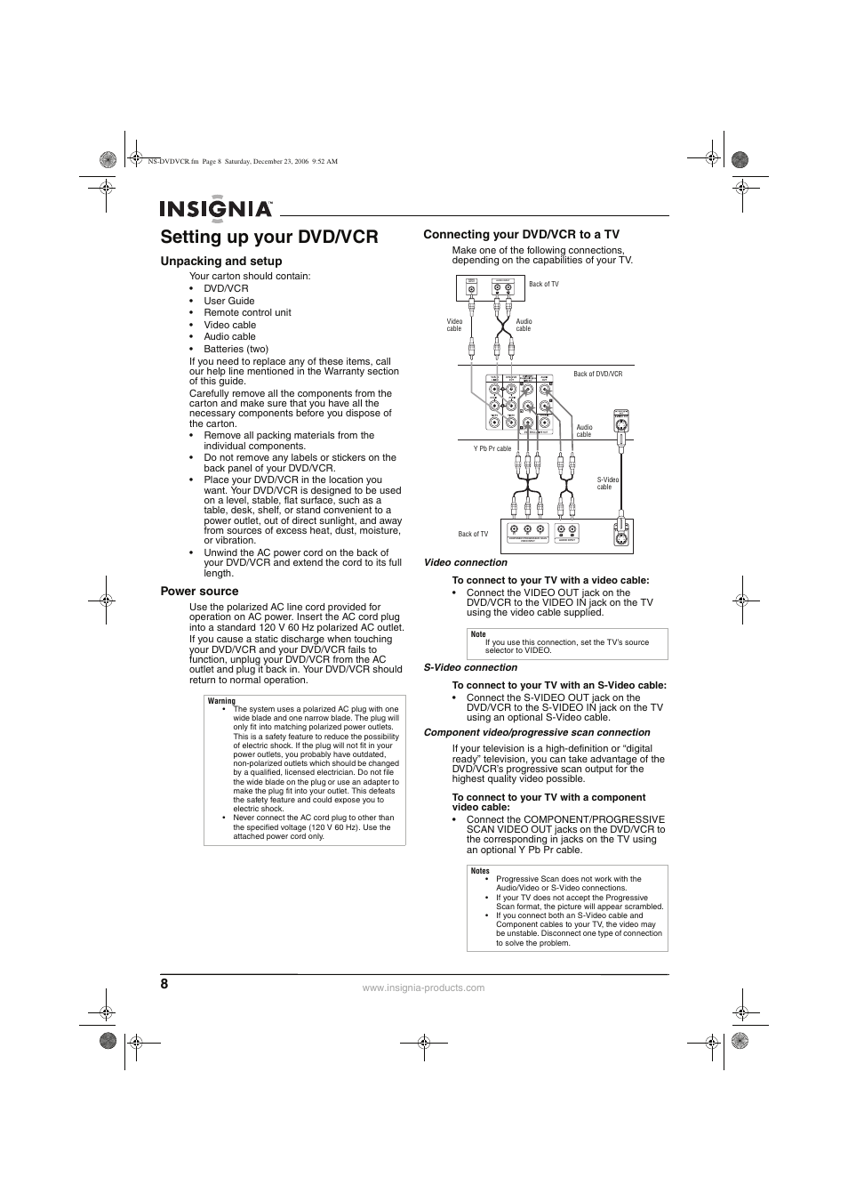 Setting up your dvd/vcr, Unpacking and setup, Power source | Connecting your dvd/vcr to a tv | Insignia 55423-3645 User Manual | Page 8 / 78