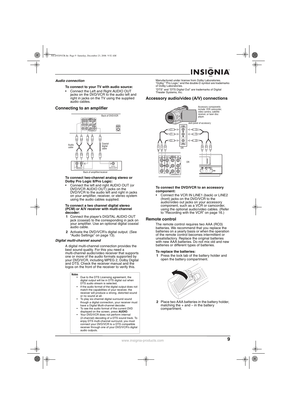 Connecting to an amplifier, Accessory audio/video (a/v) connections, Remote control | Insignia 55423-3645 User Manual | Page 9 / 78