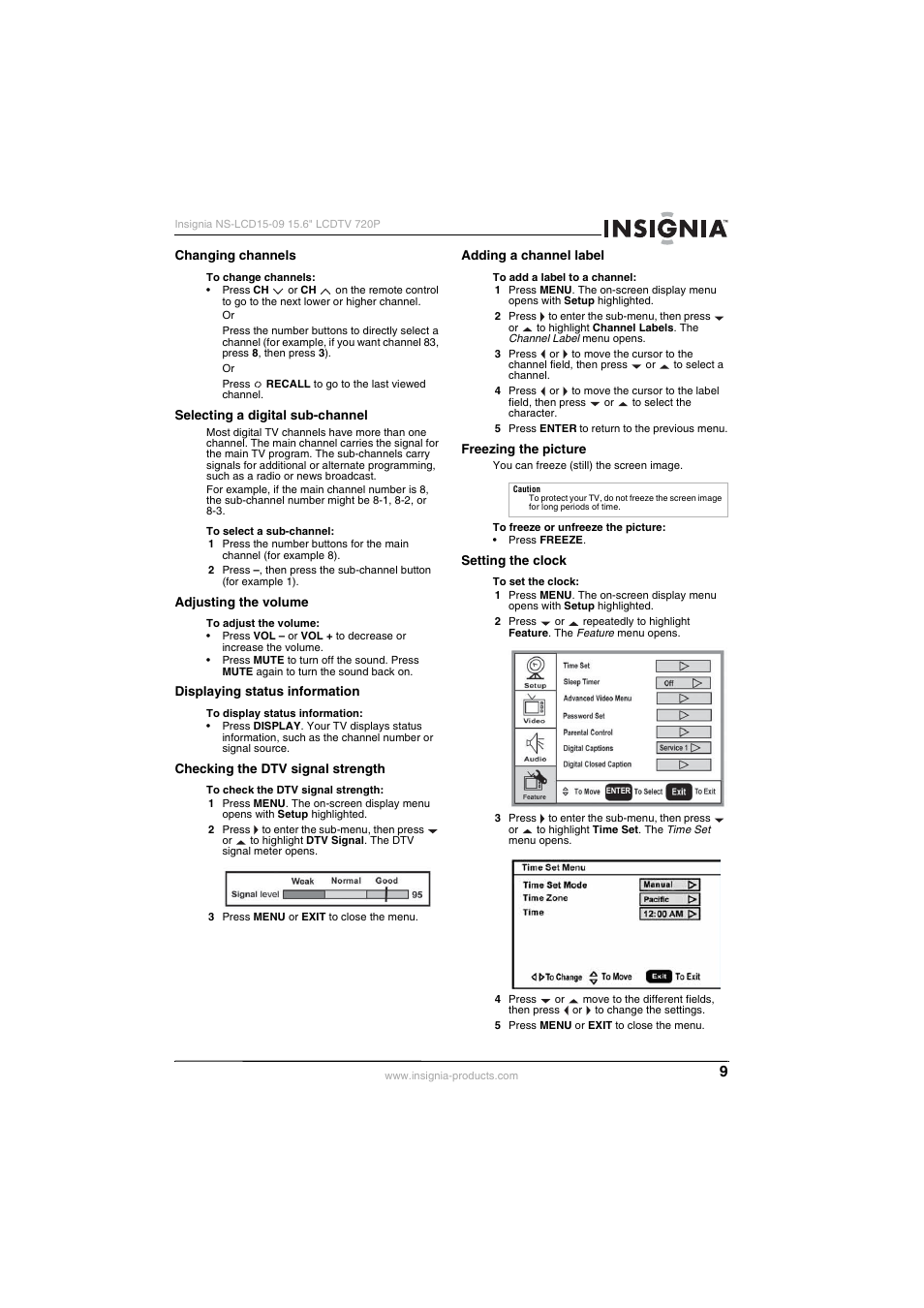Changing channels, Selecting a digital sub-channel, Adjusting the volume | Displaying status information, Checking the dtv signal strength, Adding a channel label, Freezing the picture, Setting the clock | Insignia NS-LCD15-09 User Manual | Page 11 / 40
