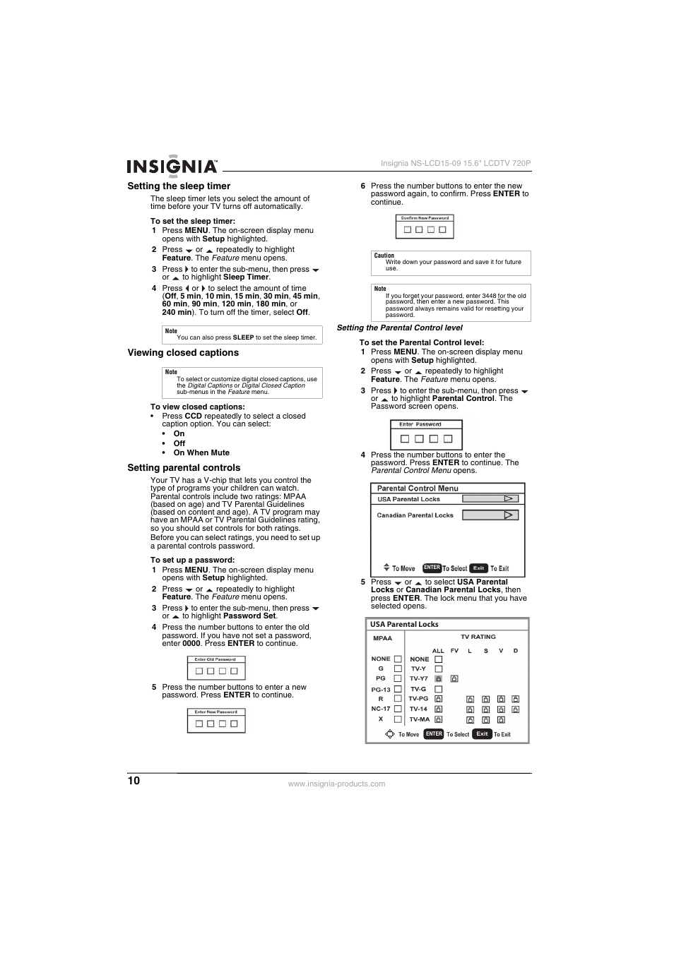 Setting the sleep timer, Viewing closed captions, Setting parental controls | Ee “setting parental controls, See “setting the sleep timer” o, Viewing closed captions” on | Insignia NS-LCD15-09 User Manual | Page 12 / 40
