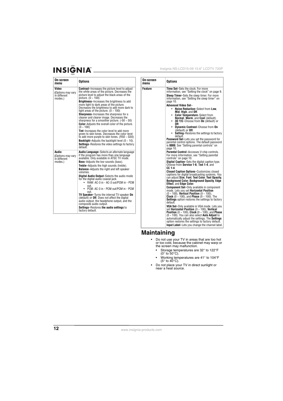 Maintaining | Insignia NS-LCD15-09 User Manual | Page 14 / 40