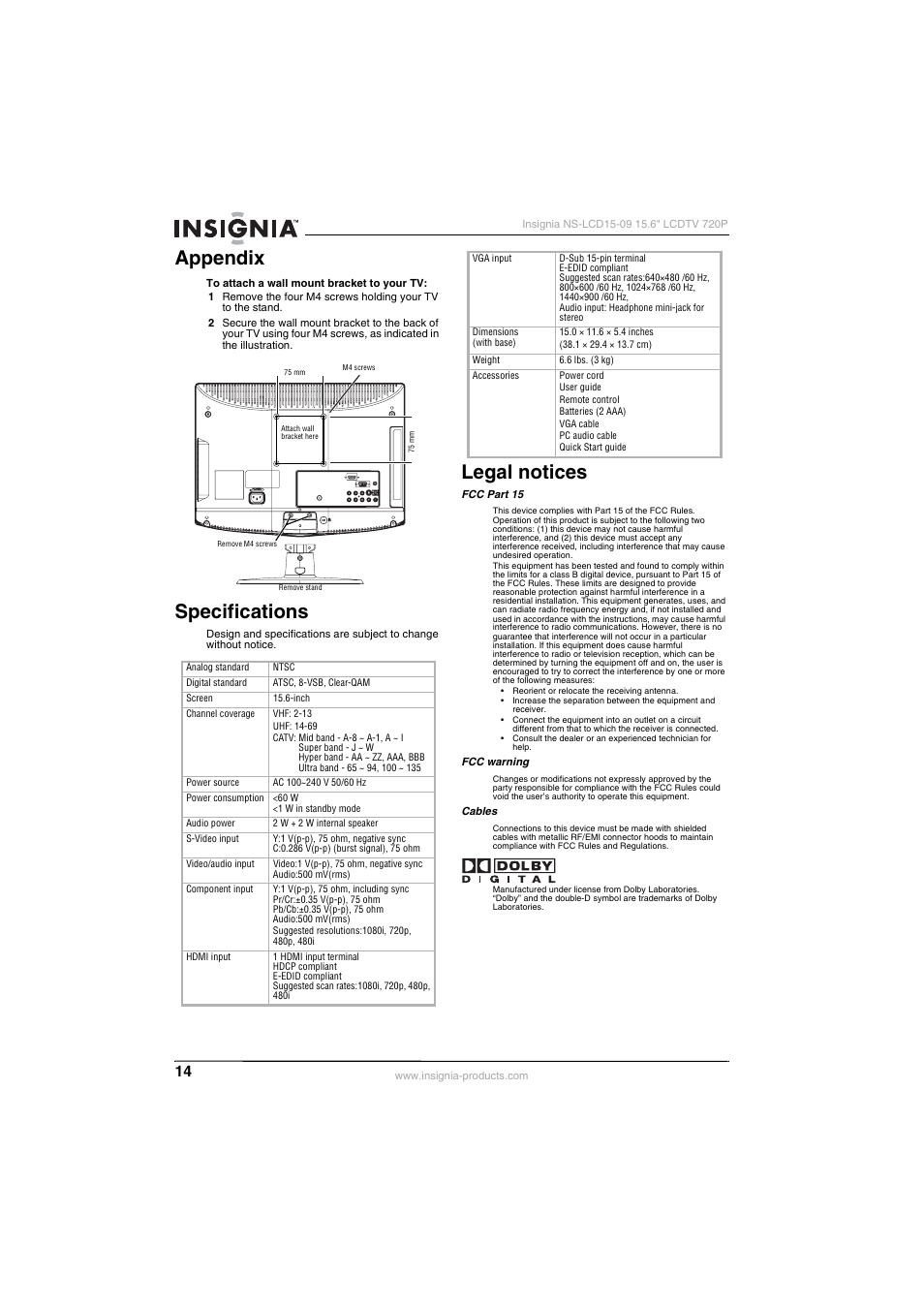 Appendix, Specifications, Legal notices | Appendix specifications | Insignia NS-LCD15-09 User Manual | Page 16 / 40