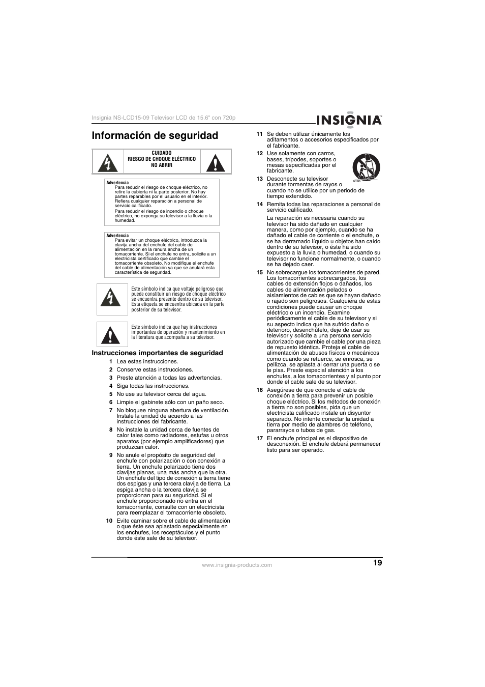 Información de seguridad, Instrucciones importantes de seguridad | Insignia NS-LCD15-09 User Manual | Page 21 / 40