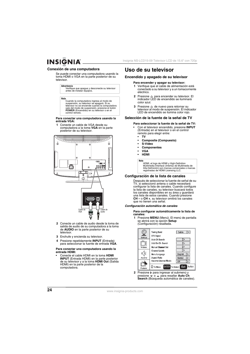 Conexión de una computadora, Uso de su televisor, Encendido y apagado de su televisor | Selección de la fuente de la señal de tv, Configuración de la lista de canales, Se a “configuración de la lista de canales” en l | Insignia NS-LCD15-09 User Manual | Page 26 / 40