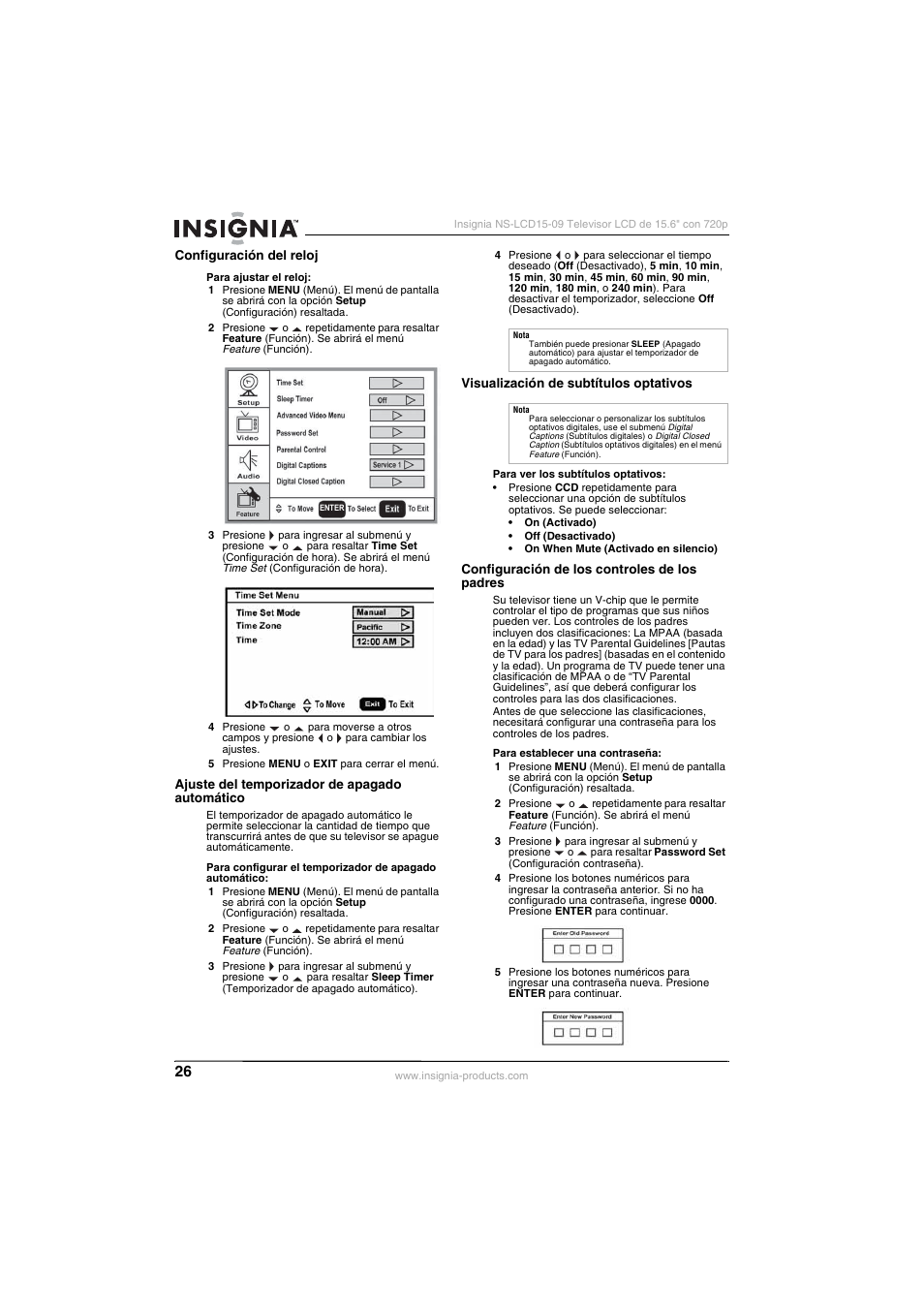 Configuración del reloj, Ajuste del temporizador de apagado automático, Visualización de subtítulos optativos | Configuración de los controles de los padres, Se a “configuración de los controles de los padres, Na 26, A “ajuste del temporizador de apagado automático, Visualización de subtítulos optativos” en | Insignia NS-LCD15-09 User Manual | Page 28 / 40