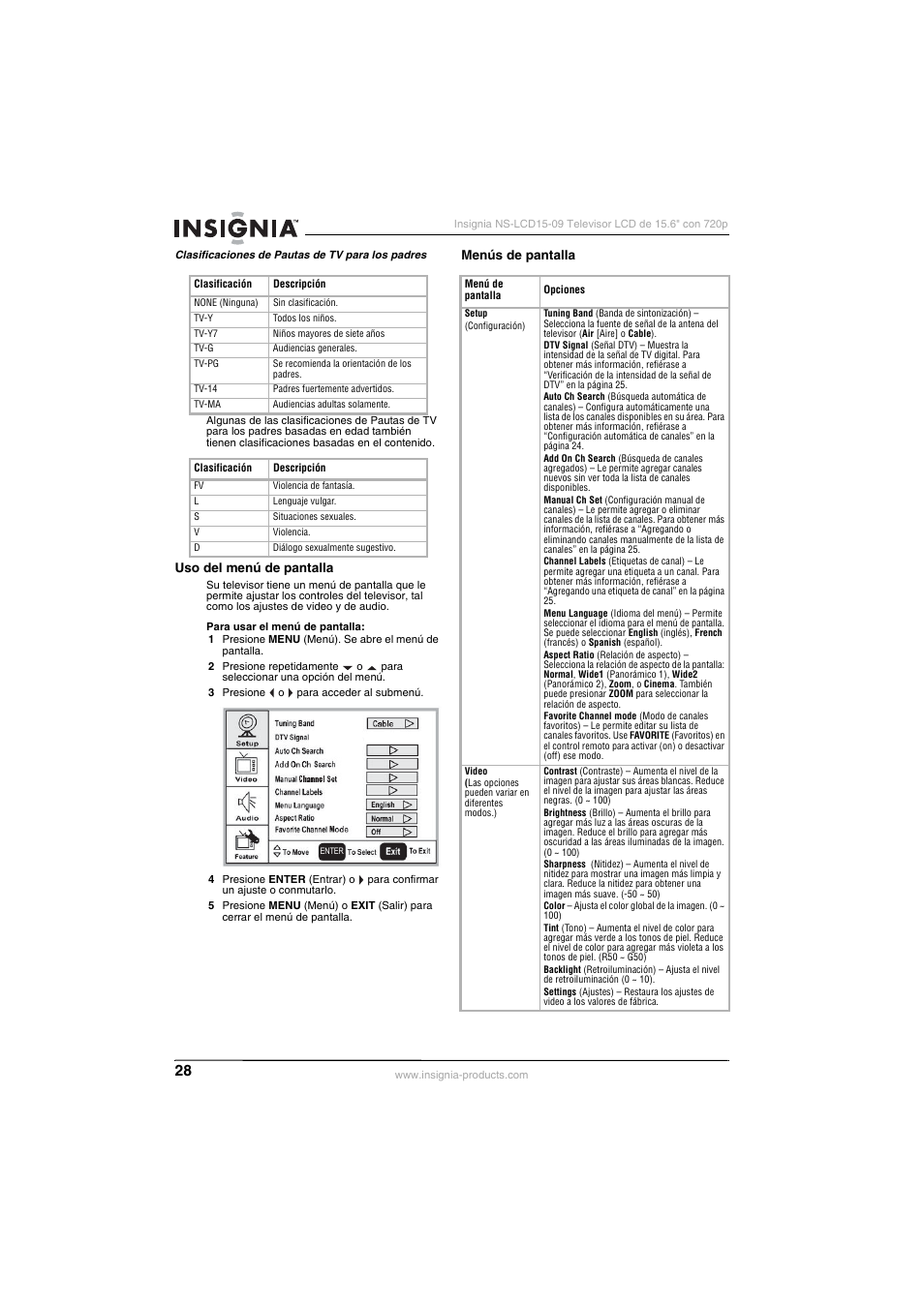 Uso del menú de pantalla, Menús de pantalla, Uso del menú de pantalla menús de pantalla | Insignia NS-LCD15-09 User Manual | Page 30 / 40