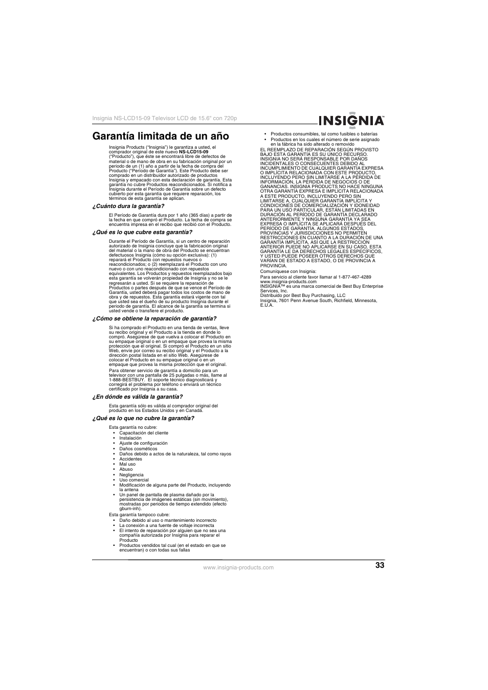 Garantía limitada de un aсo, Garantía limitada de un año | Insignia NS-LCD15-09 User Manual | Page 35 / 40