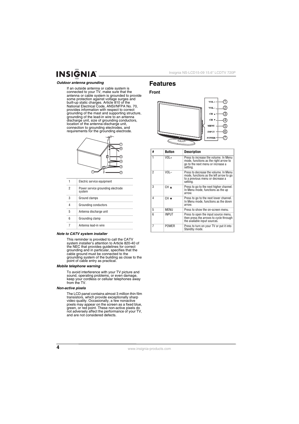 Features, Front | Insignia NS-LCD15-09 User Manual | Page 6 / 40