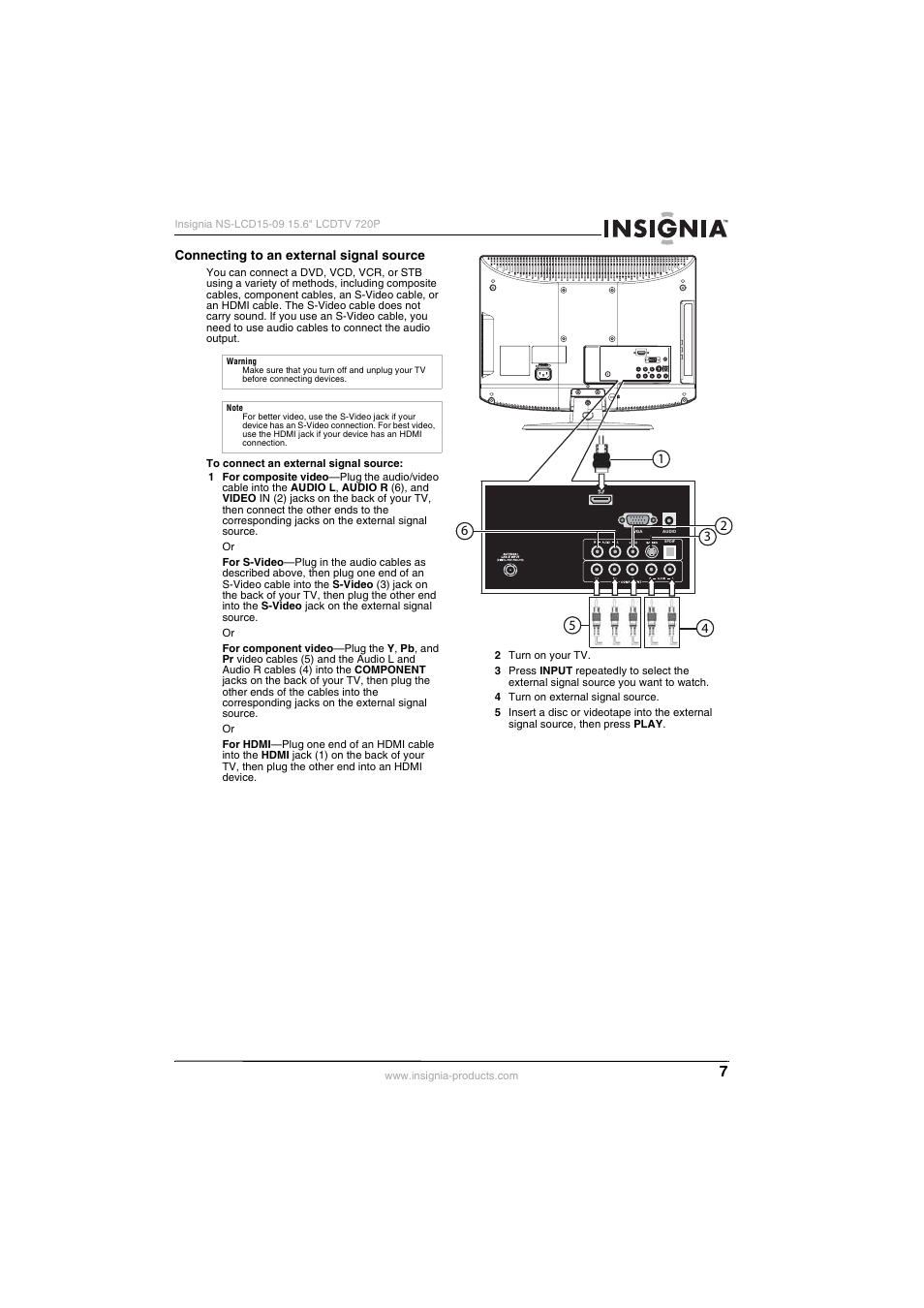 Connecting to an external signal source | Insignia NS-LCD15-09 User Manual | Page 9 / 40
