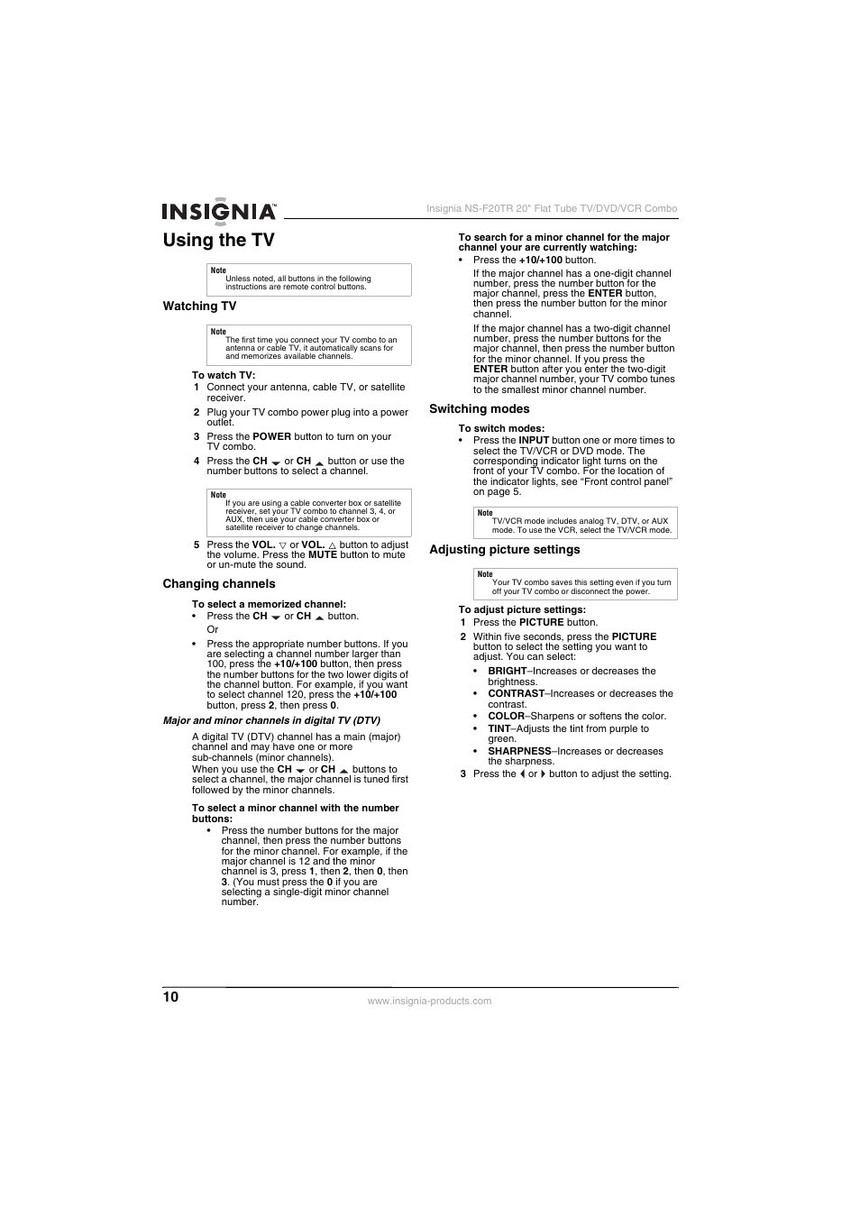 Using the tv | Insignia NS-F20TR User Manual | Page 10 / 112
