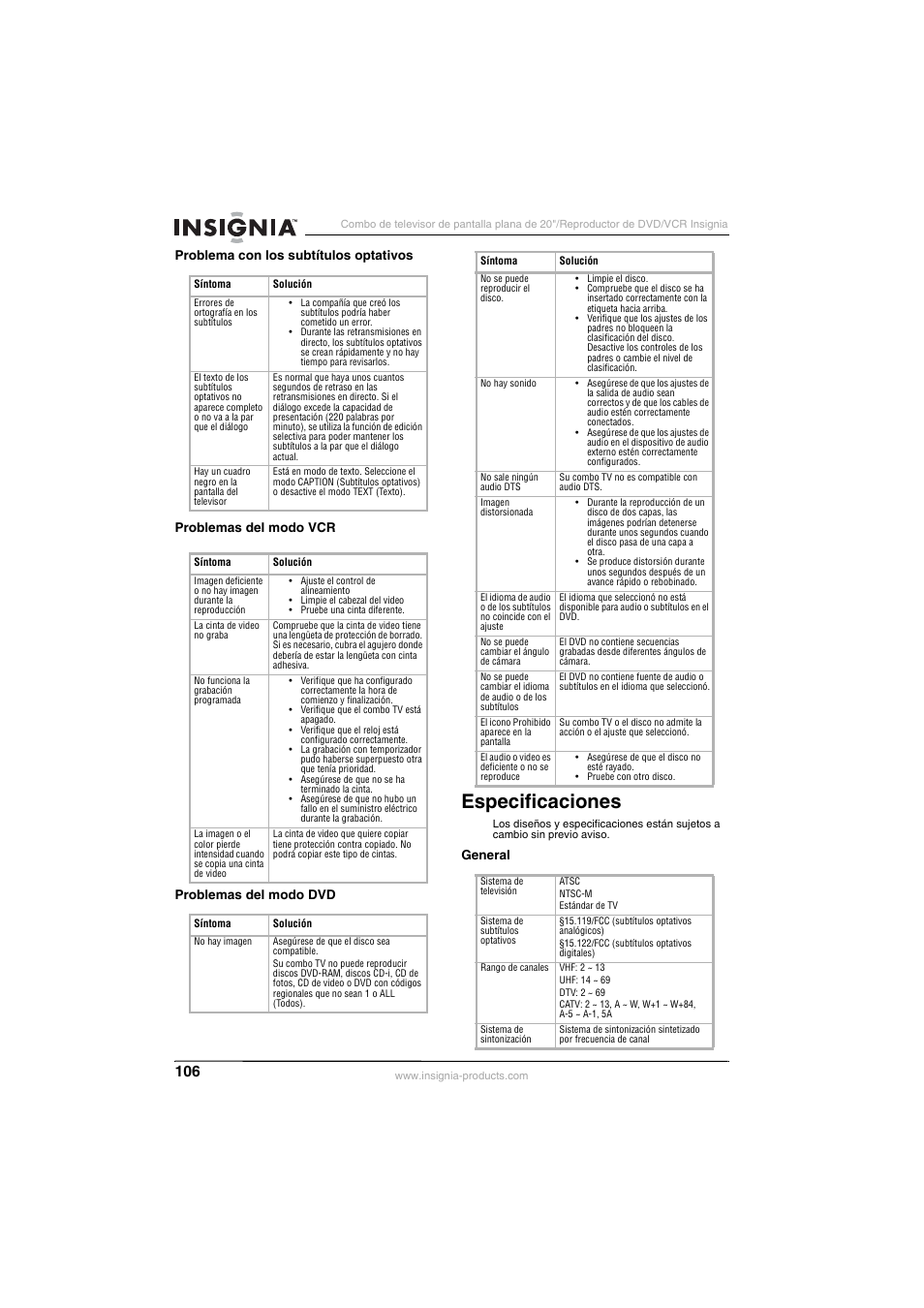 Especificaciones | Insignia NS-F20TR User Manual | Page 106 / 112