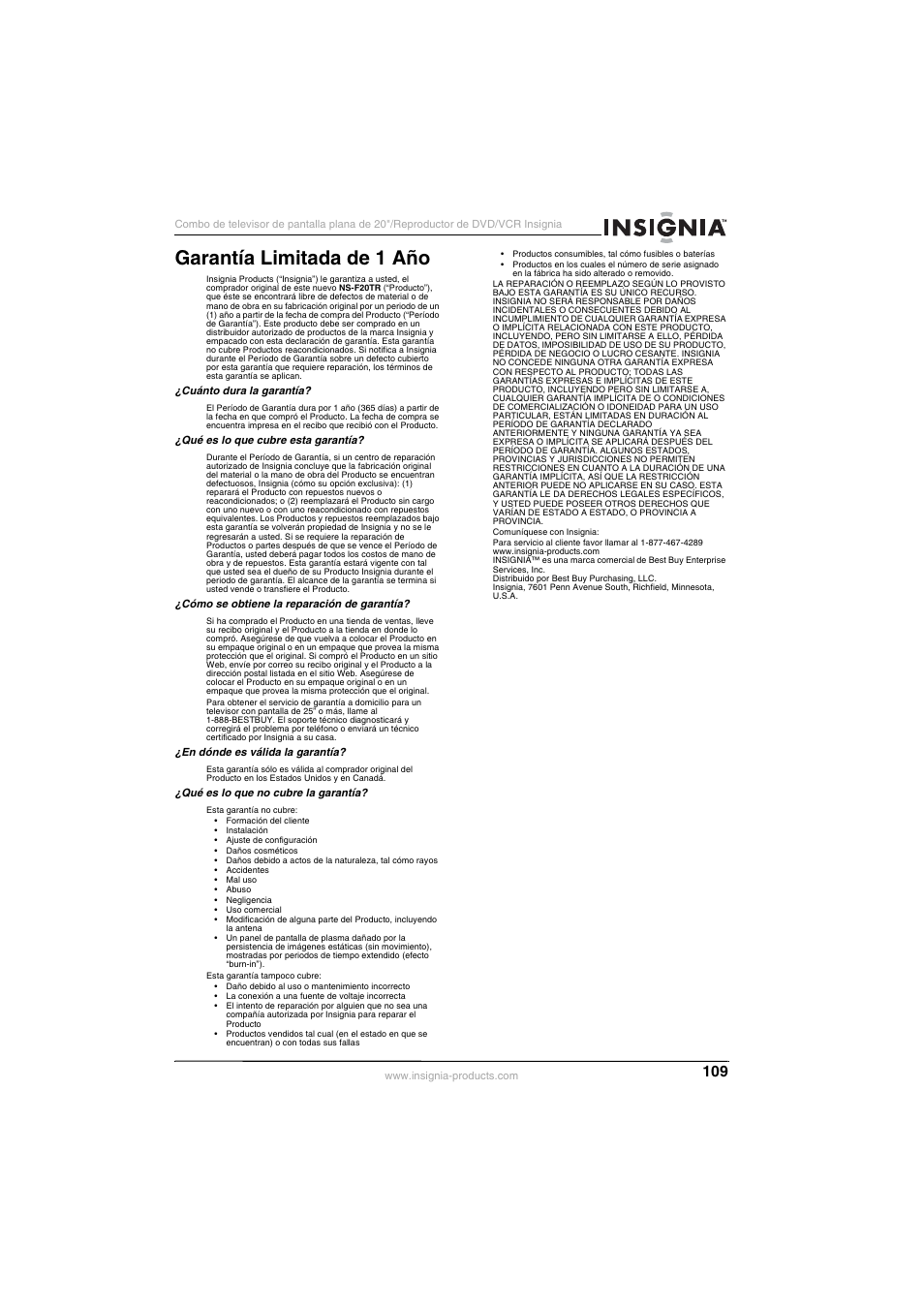 Garantía limitada de 1 año | Insignia NS-F20TR User Manual | Page 109 / 112