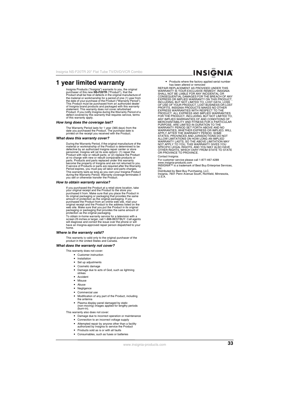 1 year limited warranty | Insignia NS-F20TR User Manual | Page 33 / 112